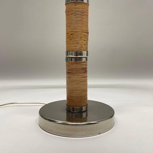 Mid 20th Century 1970s Mid-Century Wicker Rattan and Chrome Table Lamp For Sale - Image 5 of 12
