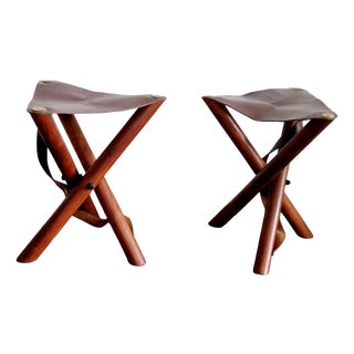 Folding Stools in Teak and Brown Leather, 1970s, Set of 2 For Sale