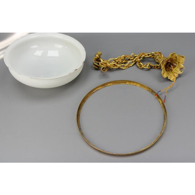 French White Glass, Brass and Bronze Pendant Chandelier, 1920s For Sale - Image 17 of 18