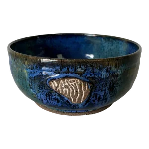 80's Vintage Blue Glaze Pottery Bowl, Signed