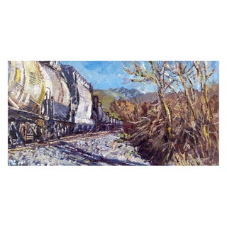 Granby Fall Colors Hoppers by Delton Demarest | Oil on panel Landscape with trains and autumn trees For Sale