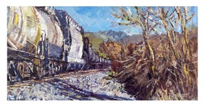 Granby Fall Colors Hoppers by Delton Demarest | Oil on panel Landscape with trains and autumn trees