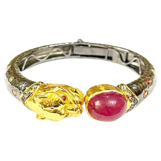 Bochic "Orient" Vintage Dragon Bangle Set 18k Gold & Silver Ruby & Sapphires For Sale - Image 10 of 18