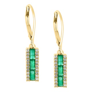Princess Cut Emerald & Diamond 14 Kt Yellow Gold Dangling Earring For Sale