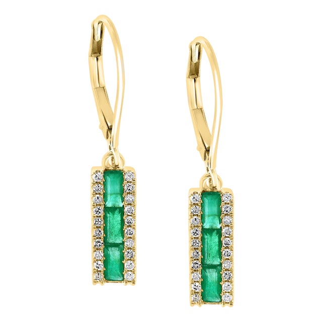Princess Cut Emerald & Diamond 14 Kt Yellow Gold Dangling Earring For Sale