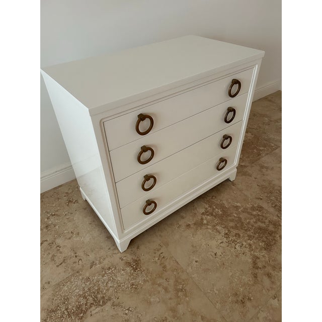 Mid-Century Modern 1950s Lacquered Chest of Drawers Original Thick Bronze Hoop Pulls United Furniture Corporation For Sale - Image 3 of 8