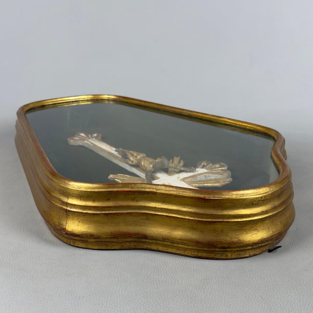 Antique Wooden Crucifix in Gilded Glass Case with Green Velvet, 1930s For Sale - Image 5 of 12