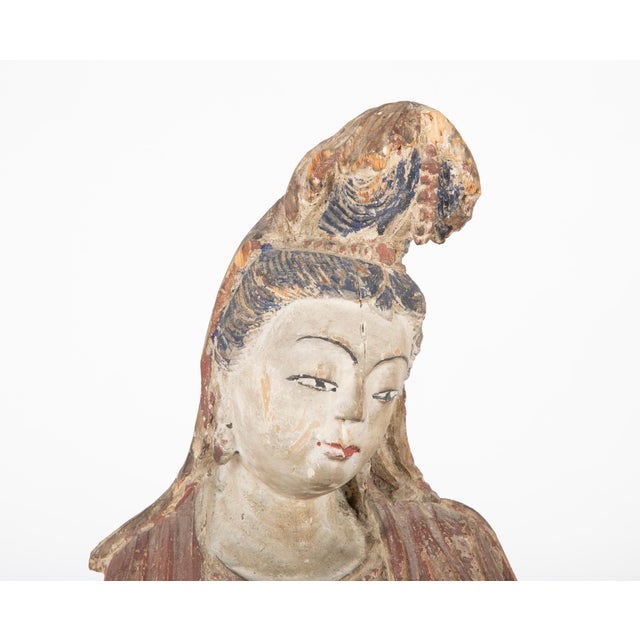 Brown Chinese Carved and Painted Wood Sculpture of Guanyin For Sale - Image 8 of 12