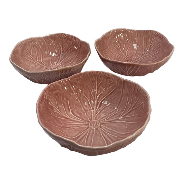 Vintage Bordallo Pinheiro Majolica Pink Cabbage Leaf Cereal Bowls-Set of 3 For Sale
