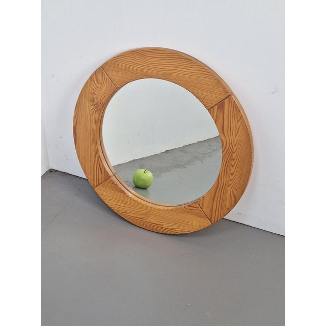 Brown Vintage Scandinavian Pine Wood Round Mirror, 1970s For Sale - Image 8 of 9