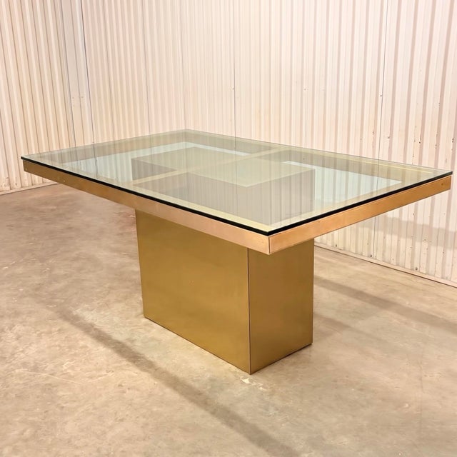 Leon Rosen 1970s Hollywood Regency Brushed Brass Pedestal Dining Table With Glass Top For Sale - Image 4 of 15