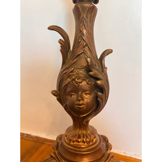 Metal Art Nouveau Table Lamp With Faces and Limoges Porcelain Scenes For Sale - Image 7 of 15