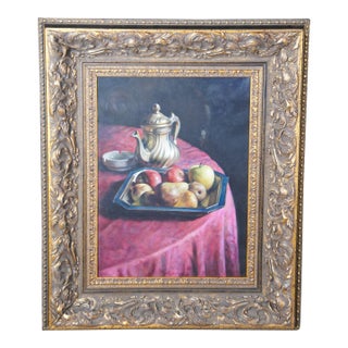 20th Century Italian Still Life Oil Painting Pitcher & Fruit Gilt Frame For Sale