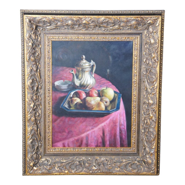 20th Century Italian Still Life Oil Painting Pitcher & Fruit Gilt Frame For Sale