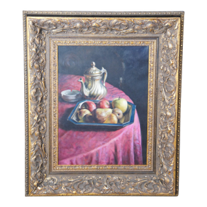20th Century Italian Still Life Oil Painting Pitcher & Fruit Gilt Frame