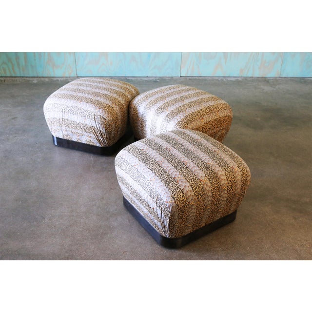 Mid-Century Modern 1980s Attributed to Karl Springer Rolling Chrome Souffle Pouf Ottomans in Leopard - Set of 3 For Sale - Image 3 of 9