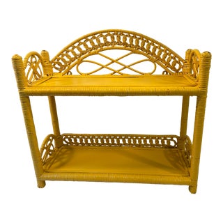 Vintage Yellow Wicker Two Tier Wall Shelf For Sale