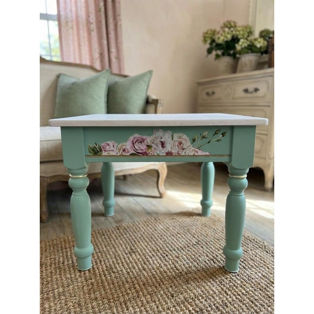 Wood Pair of Hand-Refinished End Tables With Custom Soft Green Finish and Floral Detail For Sale - Image 7 of 10