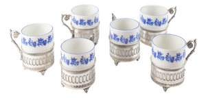 800 Silver and Porcelain Shot Glasses, Set of 6