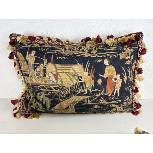 This is a pair of chinoiserie cotton print pillows by Thibaut. This Chinese inspired cotton print was hand printed...