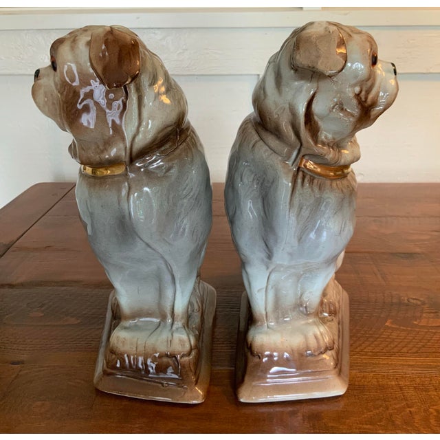 Sand 19th Century Antique Pair of Bo’Ness Pug Dog Figurines - Staffordshire Style Scottish Pottery With Glass Eyes & Gilt Collars - 12” Tall For Sale - Image 8 of 10