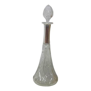 Mid 20th Century Cut Crystal Wine or Liquor 11 1/2 Decanter With Silver Metal Collar Diamond and Fan Cut Pattern For Sale