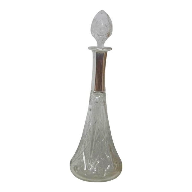 Mid 20th Century Cut Crystal Wine or Liquor 11 1/2 Decanter With Silver Metal Collar Diamond and Fan Cut Pattern For Sale