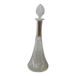 Mid 20th Century Cut Crystal Wine or Liquor 11 1/2 Decanter With Silver Metal Collar Diamond and Fan Cut Pattern