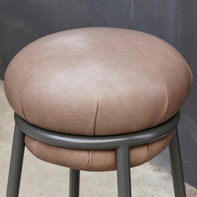 Leather and Lacquered Metal Grasso Stool in Brown by Stephen Burks For Sale - Image 6 of 14