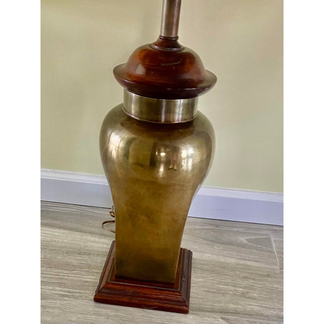 Postmodern Large Brass Ginger Jar Brass and Wood Design Bottom Wood and Capped Off With Round Wood Top. Stunning. For Sale - Image 3 of 12