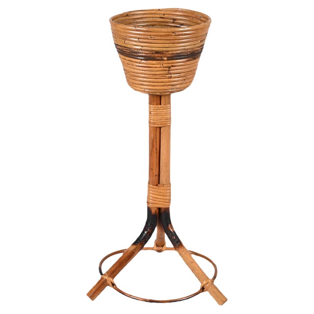 Mid-Century Italian Round Bamboo Cane and Rattan Plant Holder, 1950s For Sale