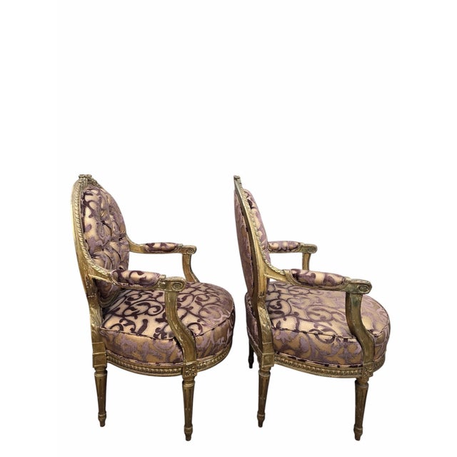 Victorian Antique French Louis XV Style Ornate Carved Giltwood Fauteuil Armchairs Newly Reupholstered - Pair For Sale - Image 3 of 12