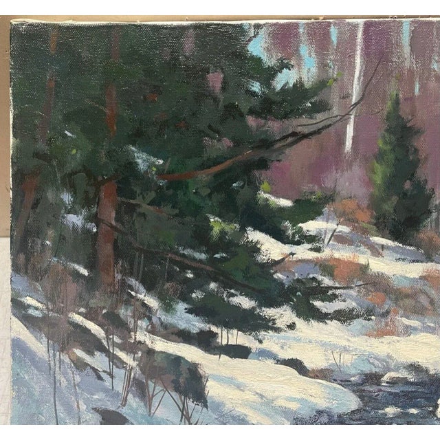 Textile Original John Loughlin 'new England Winter Stream Forest Landscape Oil Painting For Sale - Image 7 of 10