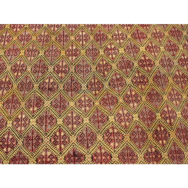 Mid 20th Century Mid 20th Century Vintage Turkish Embroidered Kilim Rug With Diamond Design in Yellow and Red For Sale - Image 10 of 13