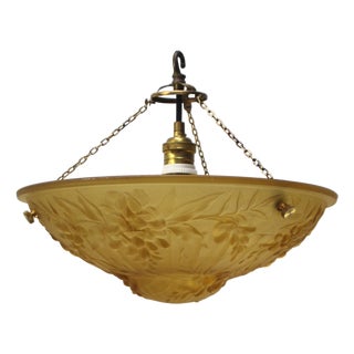 Art Nouveau French Brass and Yellow Pressed Glass Pendant Light, 1920s For Sale