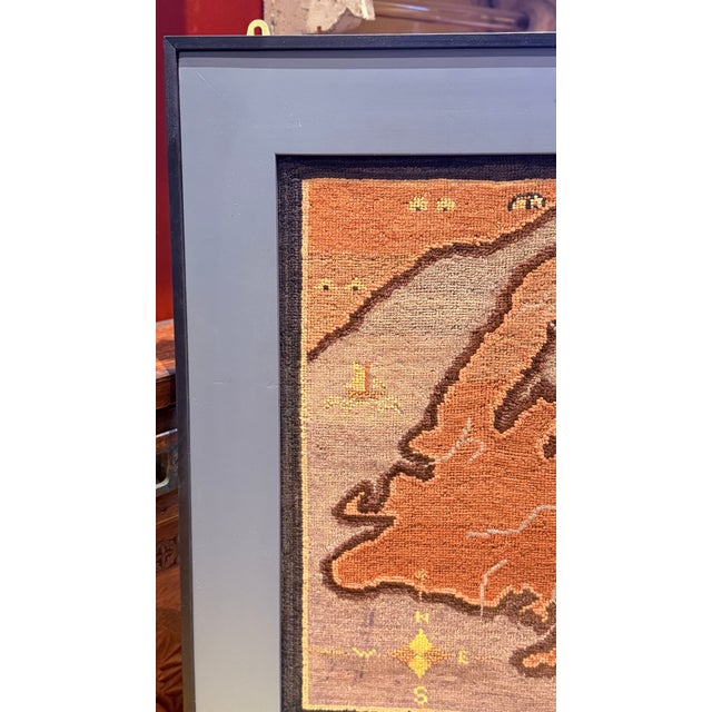 Folk Art 1930's Grenfell Mat – Map of Newfoundland With Whale, Sailing Ship & Coastal Settlements – Framed Textile Art For Sale - Image 3 of 15