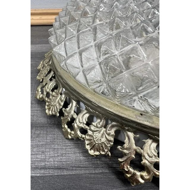 Metal Vintage French Crystal Glass Dome Ceiling Light with Ornate Metal Frame For Sale - Image 7 of 9