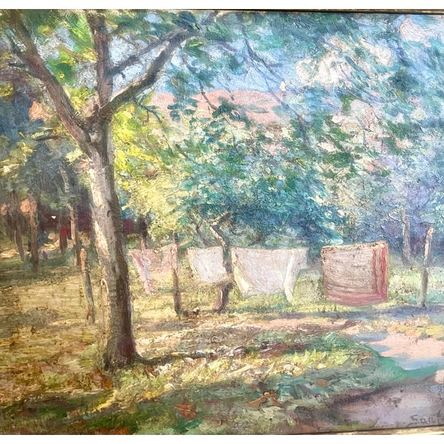 Oil on Canvas "Linens on Line in the Sun" Signed Erik Sääf No 1910 Sweden For Sale In New York - Image 6 of 9