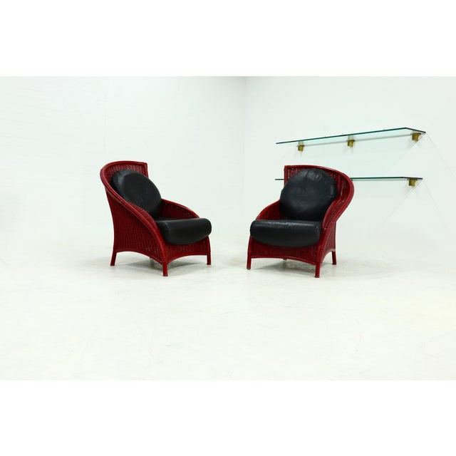 1970s Vintage Sculptural Lounge Chairs in Red Lacquered Rattan and Bamboo, 1970s, Set of 2 For Sale - Image 5 of 13