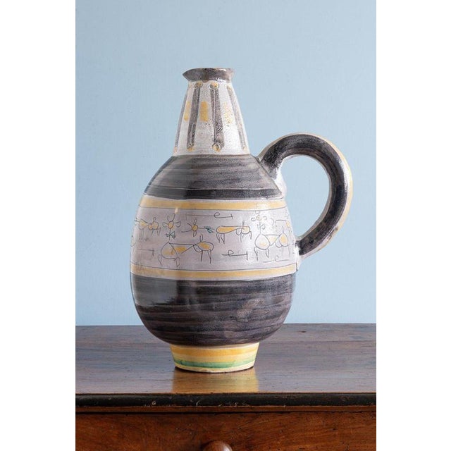 Mid-Century Modern Large Mid-Century Vallauris Sgraffito Pottery Jug For Sale - Image 3 of 10