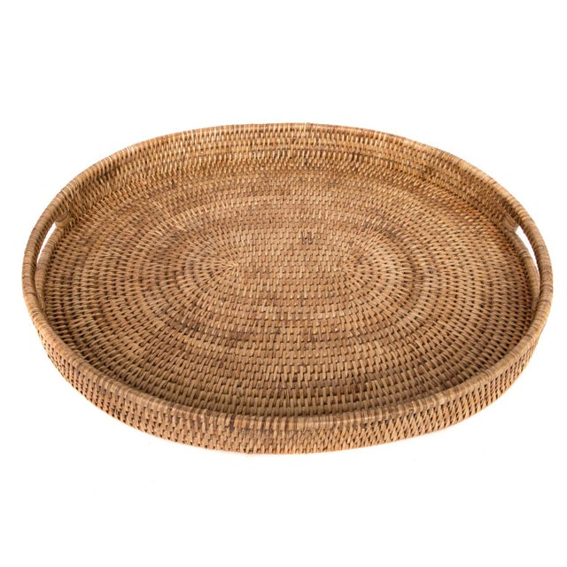 Artifacts Rattan Oval Tray With Cutout Handles, Honey Brown, 18" For Sale