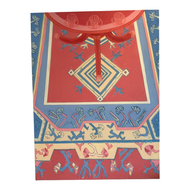 1970s Interiors Tablescape Oil Painting by Molly Schiff Maximalist Patterns For Sale