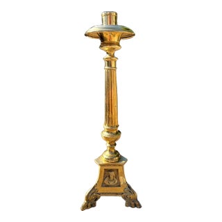 Antique Church Altar Brass Mary Joseph Jesus 12" Fluted Stem Tripod Candlestick For Sale