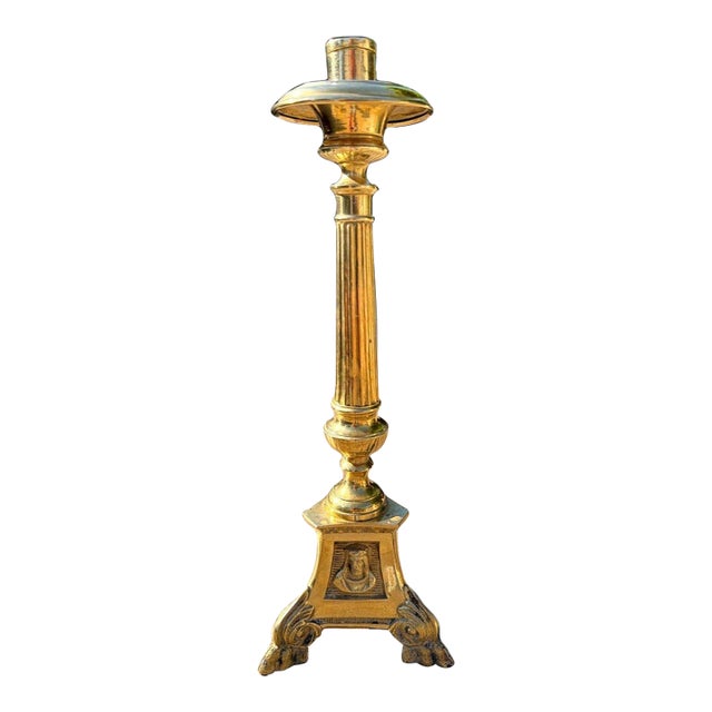 Antique Church Altar Brass Mary Joseph Jesus 12" Fluted Stem Tripod Candlestick For Sale
