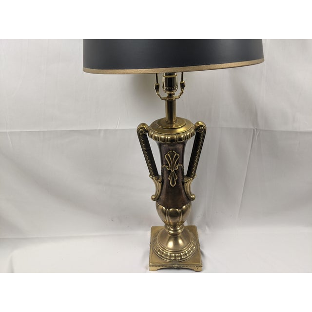 Late 20th Century Large Neoclassical Style Brass & Faux Burlwood Table Lamp With Black Shade – 34"h For Sale - Image 14 of 18