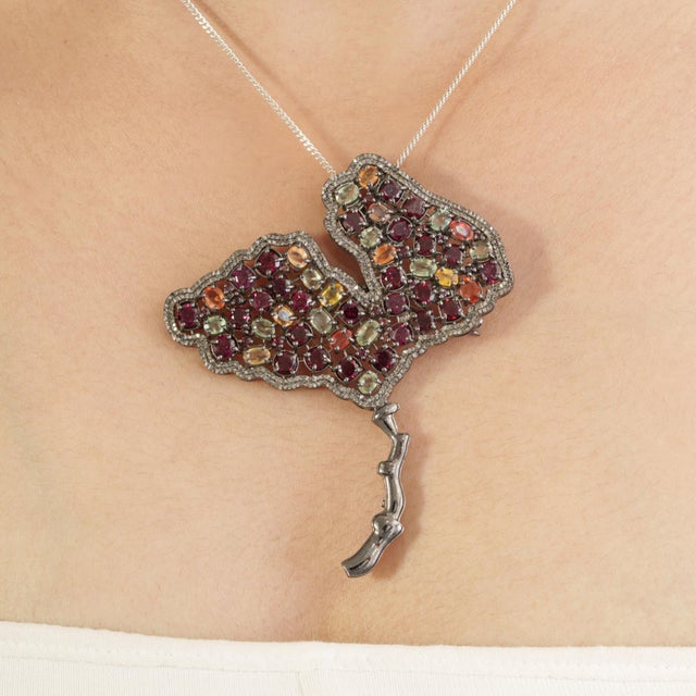 Art Deco Tutti Frutti 8Ct Multi Gem & Diamond Ginkgo Leaf Brooch Pendant in Oxidized Sterling Silver For Sale - Image 3 of 14
