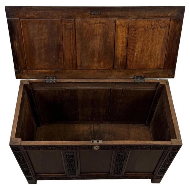 19th Century English Carved Oak Coffer For Sale - Image 3 of 11