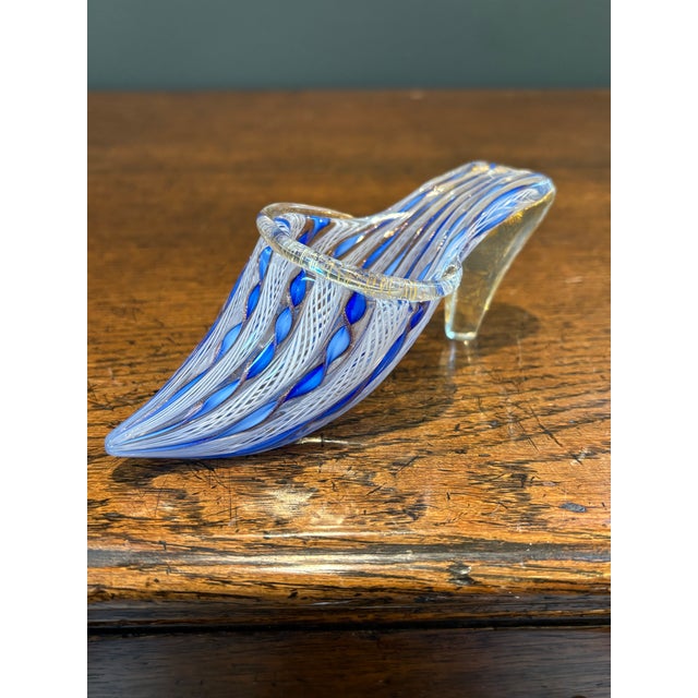 Blue Mid-20th Century Italian Murano Glass Slipper With Blue and White Zanfirico Ribbon Filigree For Sale - Image 8 of 11