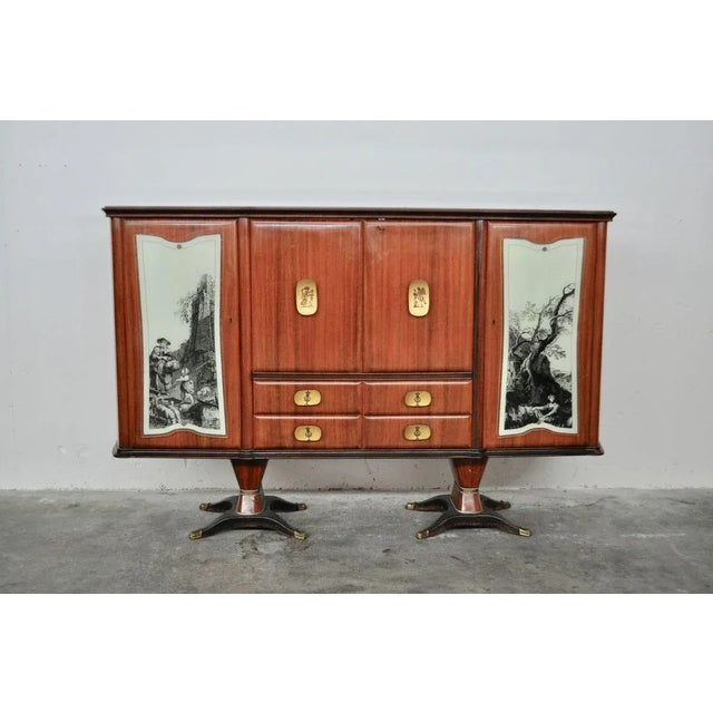 Mahogany Pear Tree, Brass & Glass Top Drawers Sideboard with Allegorical Drawings & Internal Lightning from F.lli Rigamonti Desio, Milano, 1940s For Sale - Image 14 of 14