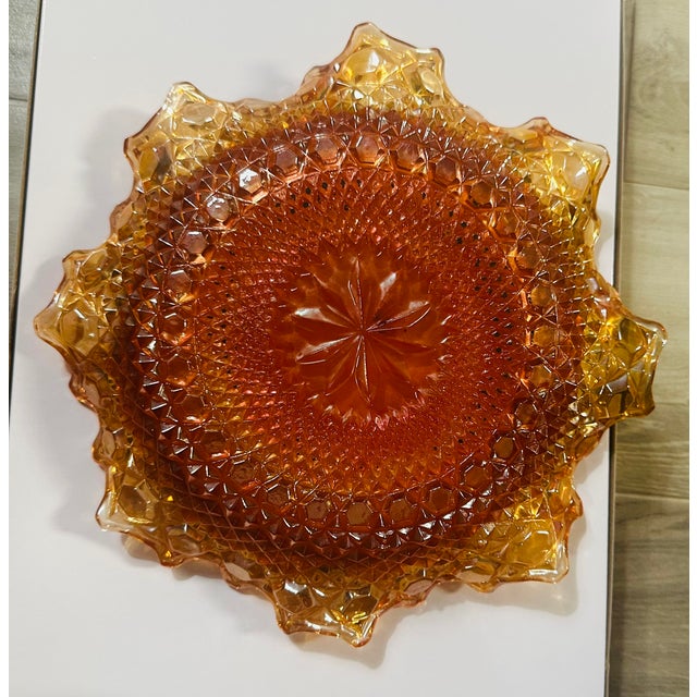 1940s Vintage Indiana Carnival Marigold Ruffled Diamond Cut Plate For Sale - Image 5 of 6